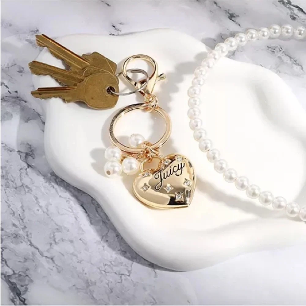 Juicy Couture Gold Heart Purse Keychain with Pearl Charms New